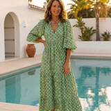 Céline | Vestido midi con estampado, mangas tres cuartos y escote en V" 

Rewritten: "Céline | Vestido midi estampado con mangas tres cuartos y escote en V