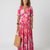Juliette | Vestido Midi Floral de Mangas Cortas y Escote en V