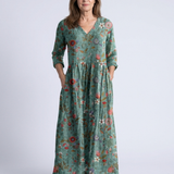 Valérie | Vestido Maxi Floral con Escote en V y Mangas Tres Cuartos