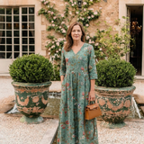 Valérie | Vestido Maxi Floral con Escote en V y Mangas Tres Cuartos