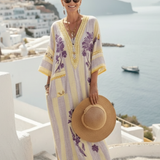 Iris | Vestido Maxi a Rayas con Estampado Floral, Escote en V y Mangas Semi-Largas