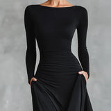 Noémie | Vestido Largo Negro con Escote Bateau y Sofisticado Drapeo